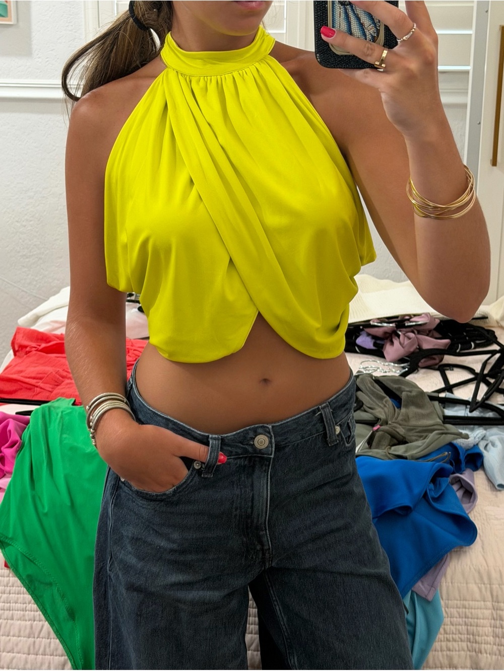 superdown Revolve Bright Yellow Halter Twist Crop Top